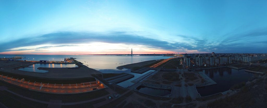 Санкт-Петербург. Панорама заката с видом на залив,  - Фото с квадрокоптера