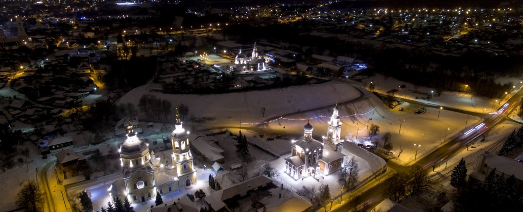 Ночной вид на церковный ансамбль., Серпухов - Фото с квадрокоптера