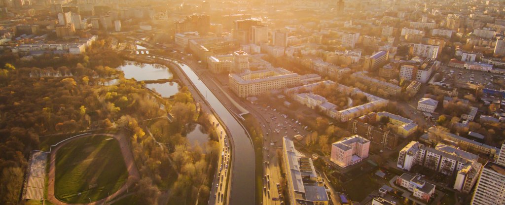 Закат над рекой Яуза в Москве, Москва - Фото с квадрокоптера