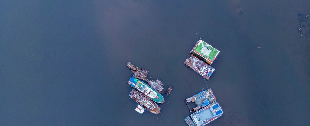 г. Москва, Борисово, Москва река, кладбище теплоходов,  - Фото с квадрокоптера